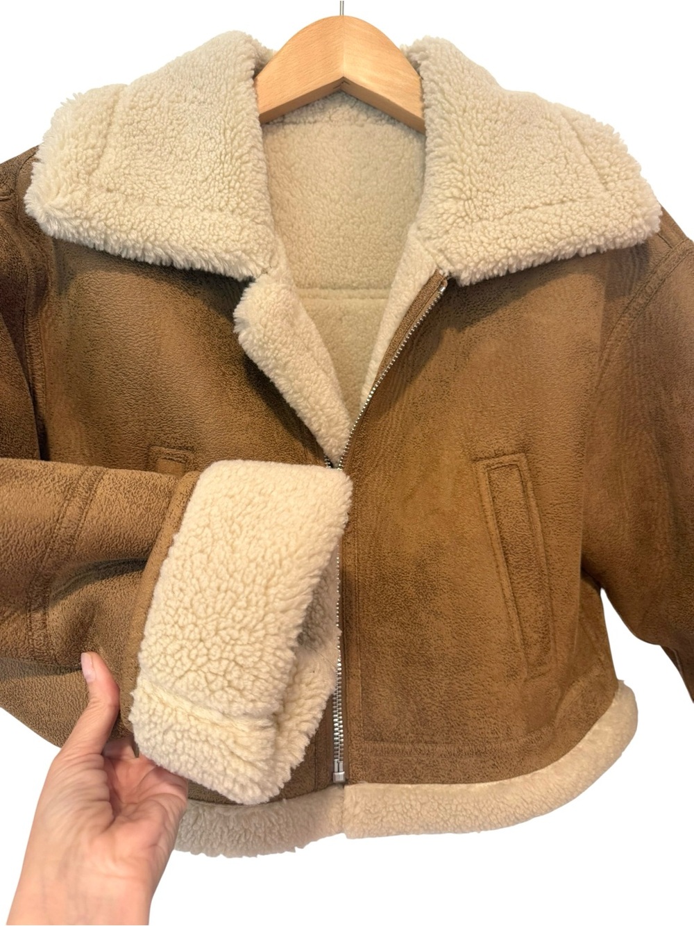 Mango MNG Suede Cropped Aviator Jacket Shearling Collar Large - Picture 4 of 15